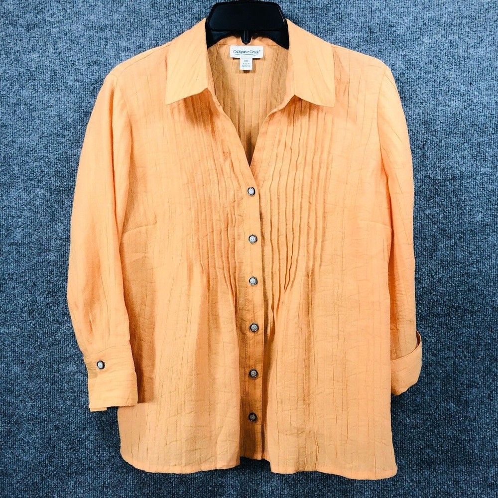 Coldwater Creek Blouse Women's Size PM Orange Bracelet‎ Sleeves Button Down